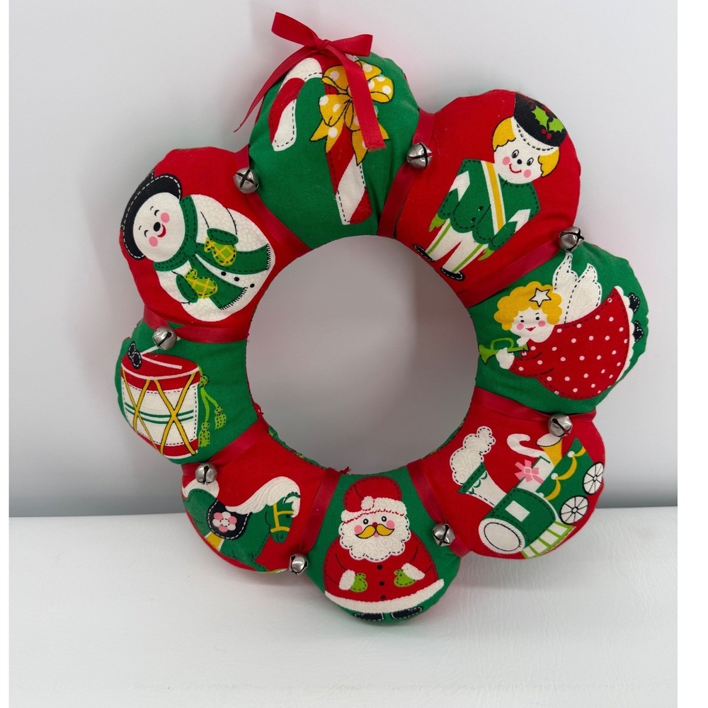 Christmas Wreath 13in Red Green Fabric Puffy Jingle Bell Vintage Decor
